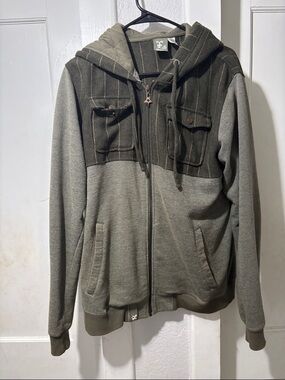 Lrg Men's Olive and Light Gray Hooded Zip Sweater Jacket